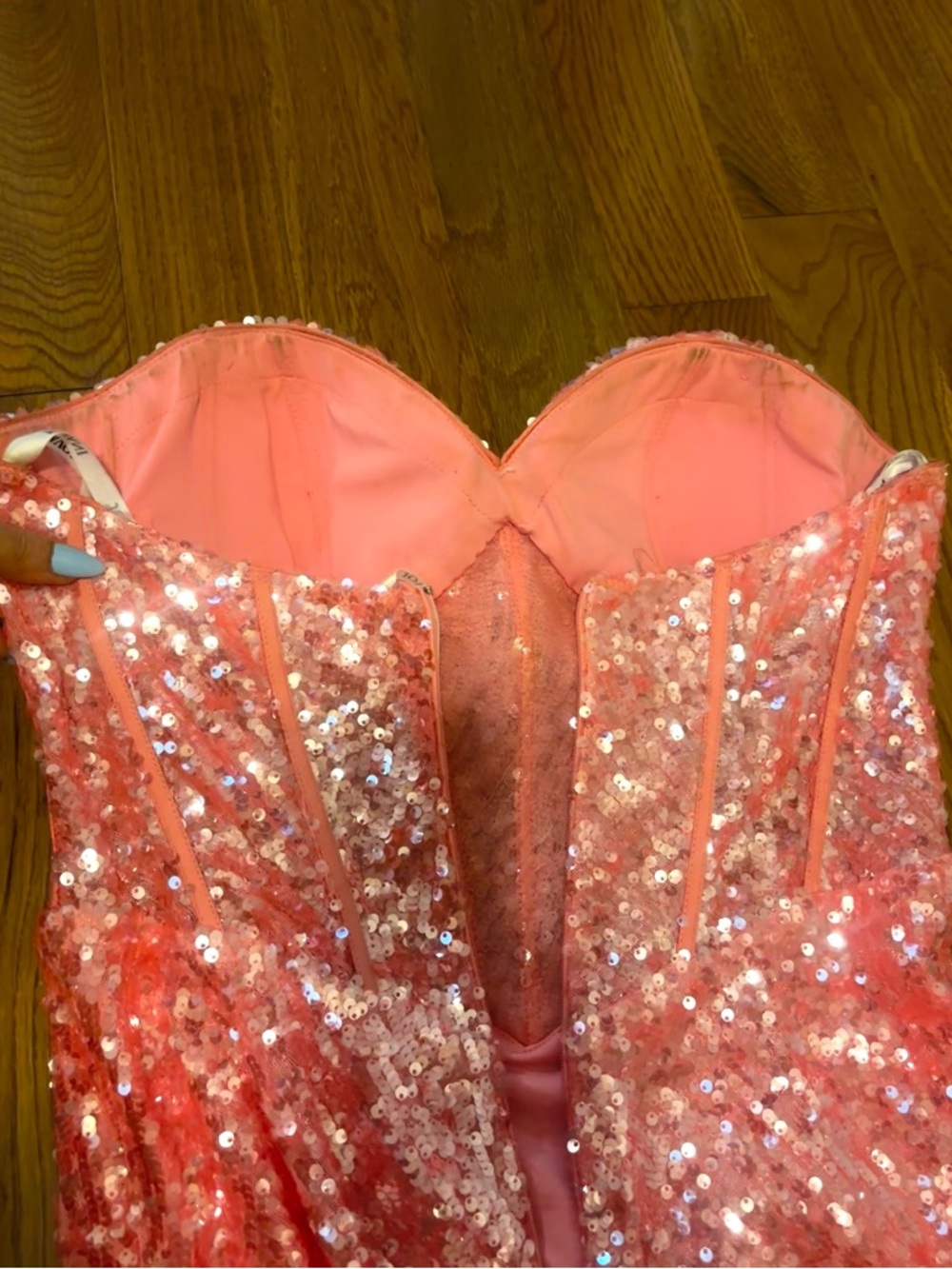 Jovani Coral/Pink Strapless Sequined Prom Gown - Picture 7 of 9